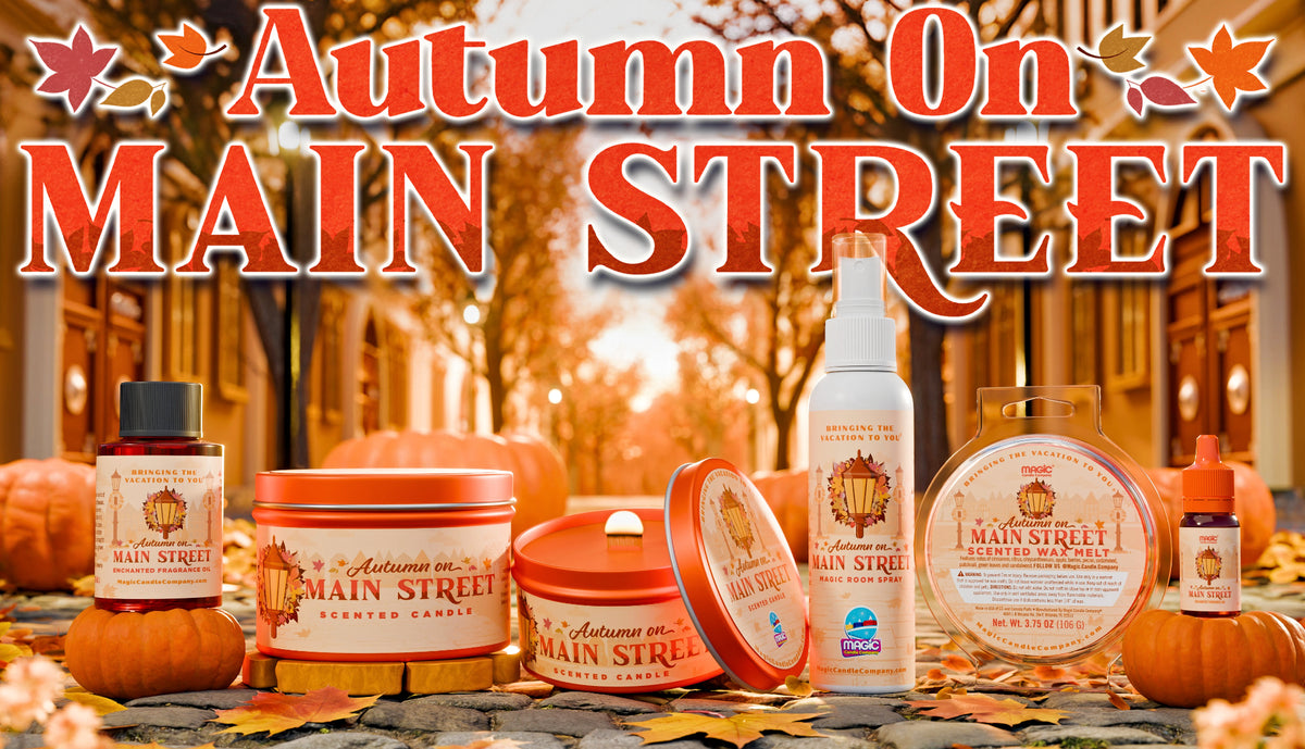 Autumn On Main Street lineup arranged on a street scene with pumpkins and fall leaves. 