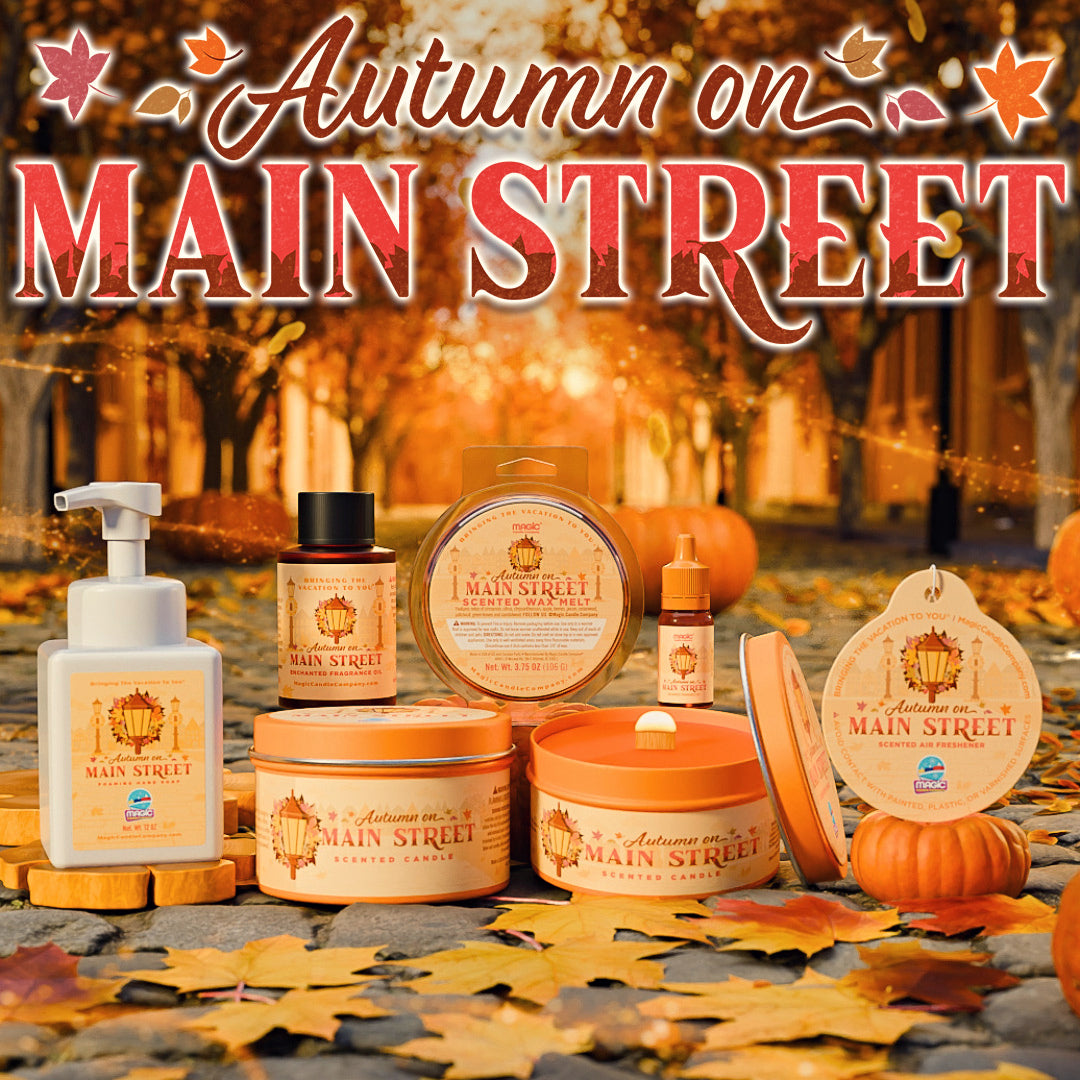 Autumn On Main Street lineup arranged on a street scene with pumpkins and fall leaves. 