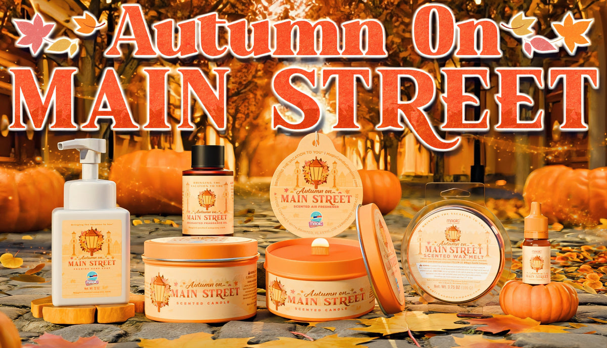 Autumn On Main Street lineup arranged on a street scene with pumpkins and fall leaves. 