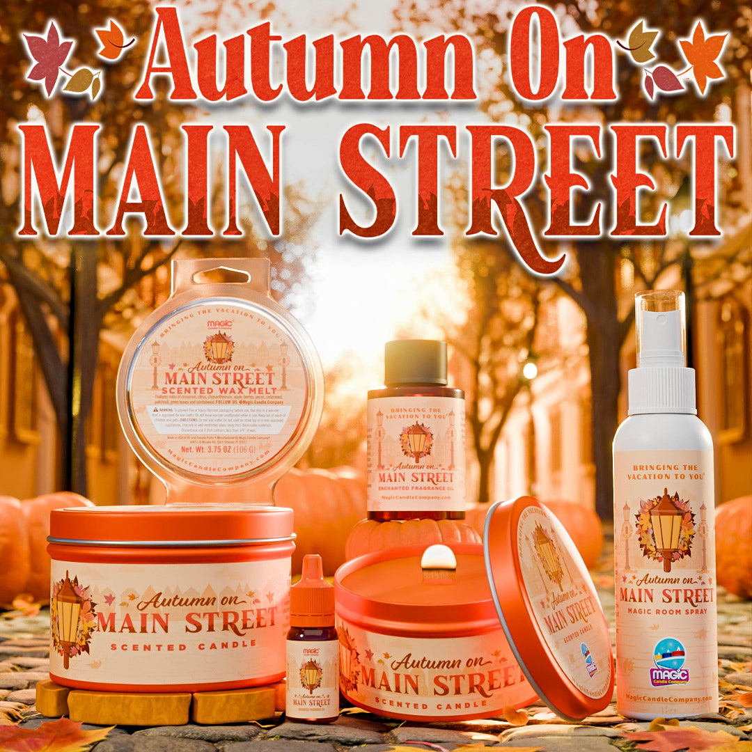 Autumn On Main Street lineup arranged on a street scene with pumpkins and fall leaves. 