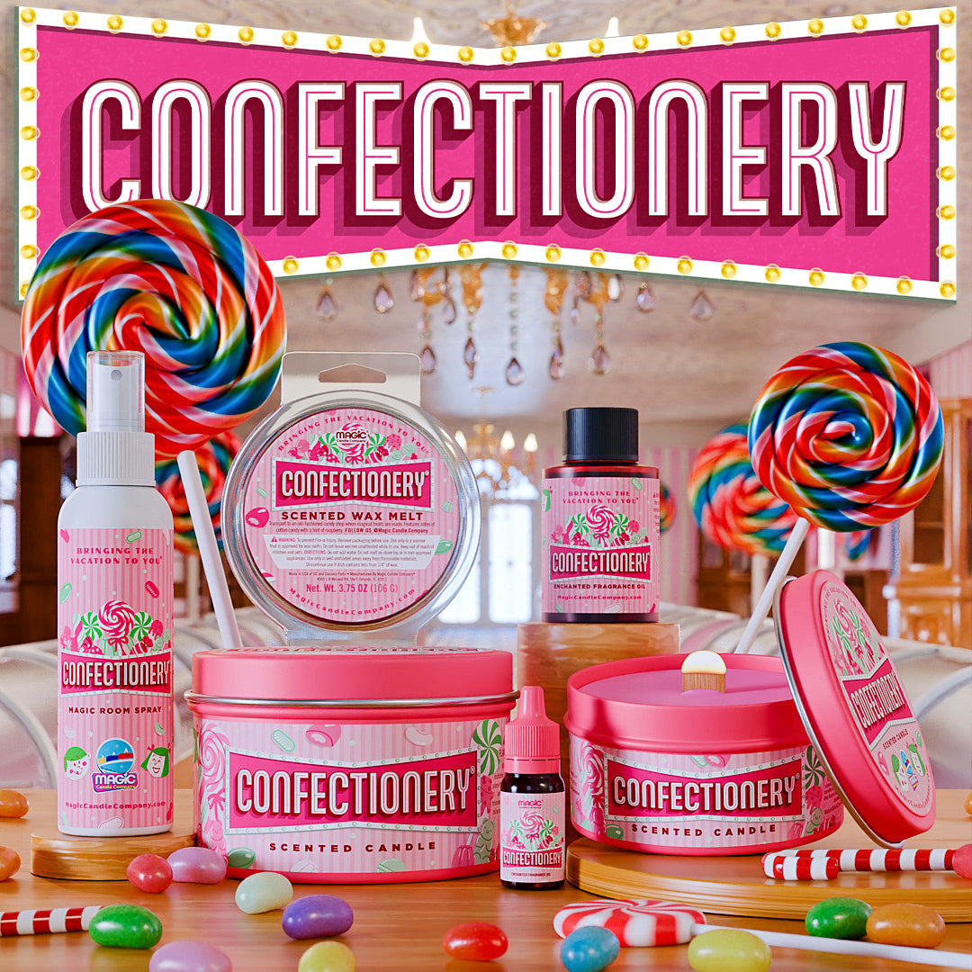 A collection of Confectionery scented products including candles, wax melts, and a spray bottle arranged on a table with candy props, under a large 'CONFECTIONERY' text banner.