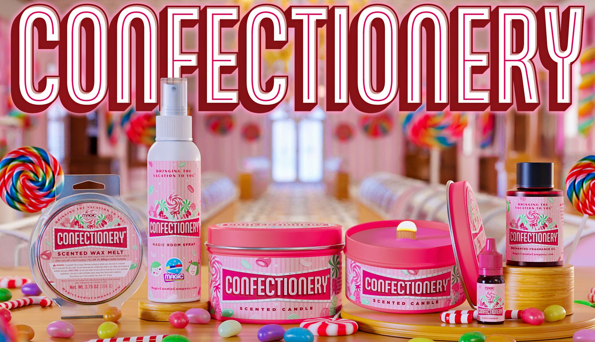 A collection of Confectionery scented products including candles, wax melts, and a spray bottle arranged on a table with candy props, under a large 'CONFECTIONERY' text banner.