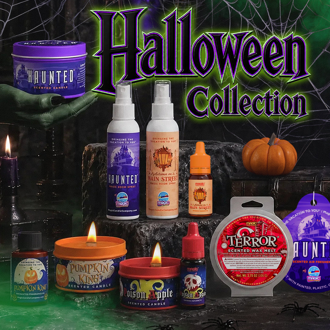 A Halloween-themed product collection display featuring various candles, spray bottles, and wax melts on a dark rustic surface with a green spiderweb background and large 'Halloween Collection' text.
