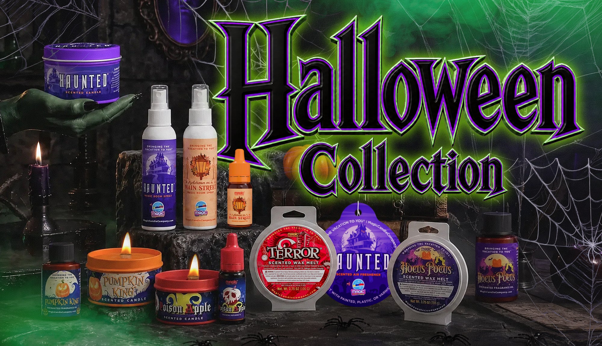 A Halloween-themed product collection display featuring various candles, spray bottles, and wax melts on a dark rustic surface with a green spiderweb background and large 'Halloween Collection' text.