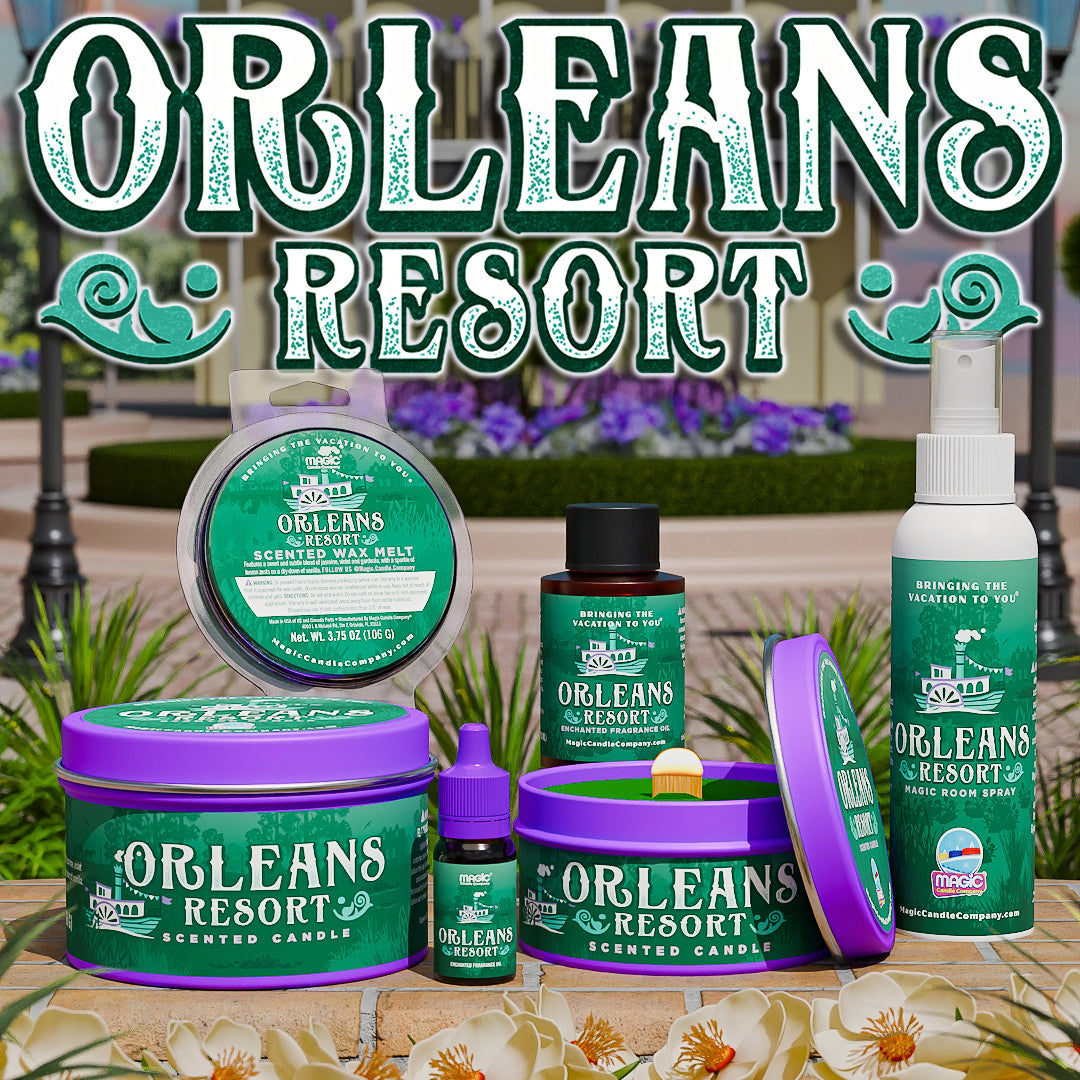 A collection of Orleans Resort branded scented products displayed on a stone surface with a tropical garden background and a large Orleans Resort logo overlay. The products include a candle tin, a small bottle, a dropper bottle, a spray bottle, and a wax melt tin.