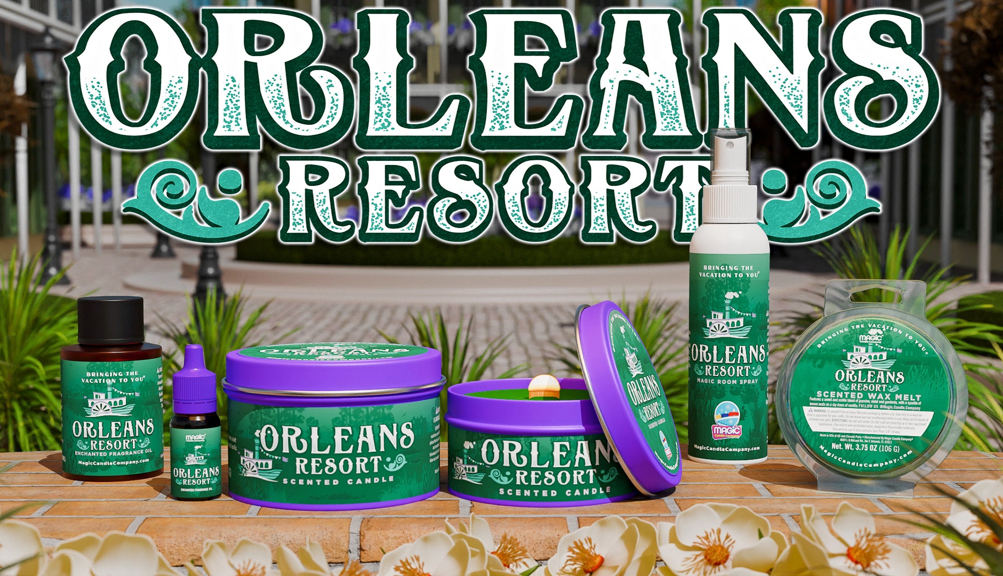 A collection of Orleans Resort branded scented products displayed on a stone surface with a tropical garden background and a large Orleans Resort logo overlay. The products include a candle tin, a small bottle, a dropper bottle, a spray bottle, and a wax melt tin.