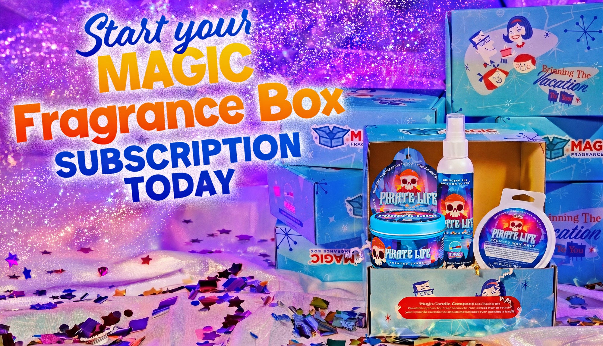 A subscription featuring multiple products labeled 'Pirate Life' and Magic Fragrance Box