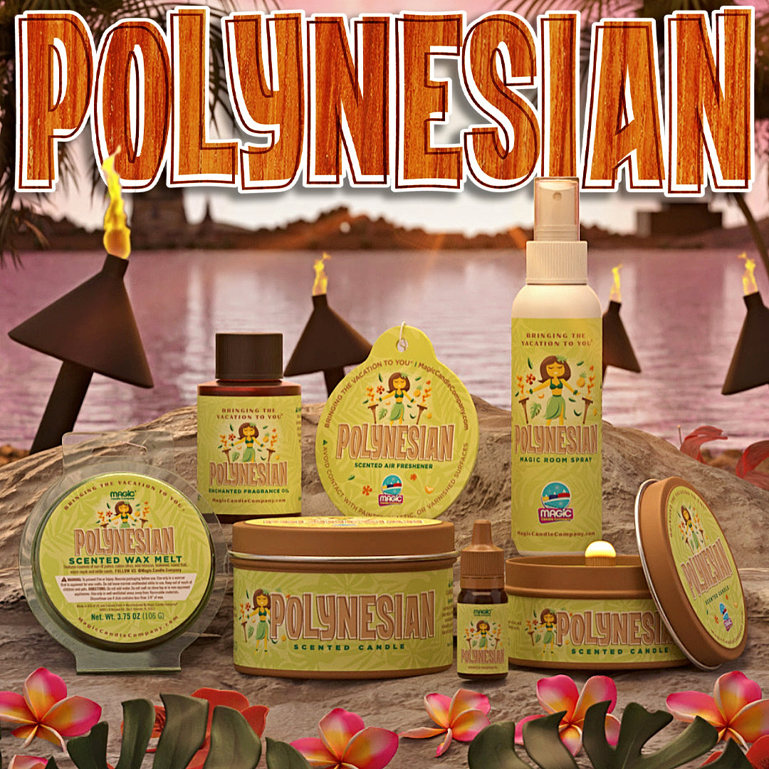A collection of 'POLYNESIAN' fragrance products arranged on a beach backdrop, including a candles, foaming hand soap, wax melt, room spray and fragrance oil.
