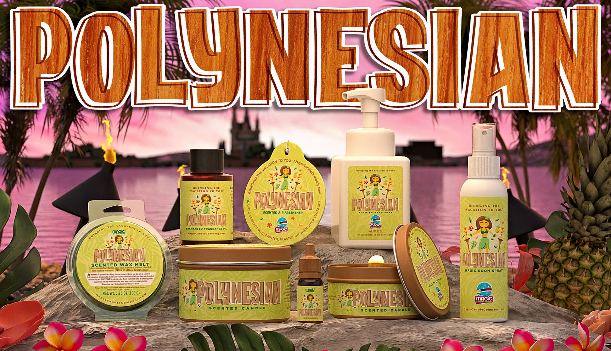 A collection of 'POLYNESIAN' fragrance products arranged on a beach backdrop, including a candles, foaming hand soap, wax melt, room spray and fragrance oil.