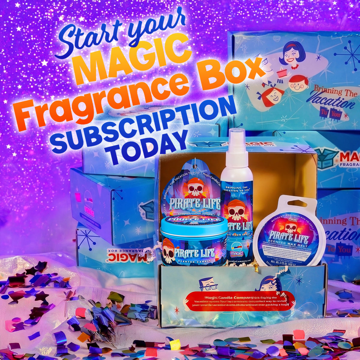 A subscription featuring multiple products labeled 'Pirate Life' and Magic Fragrance Box